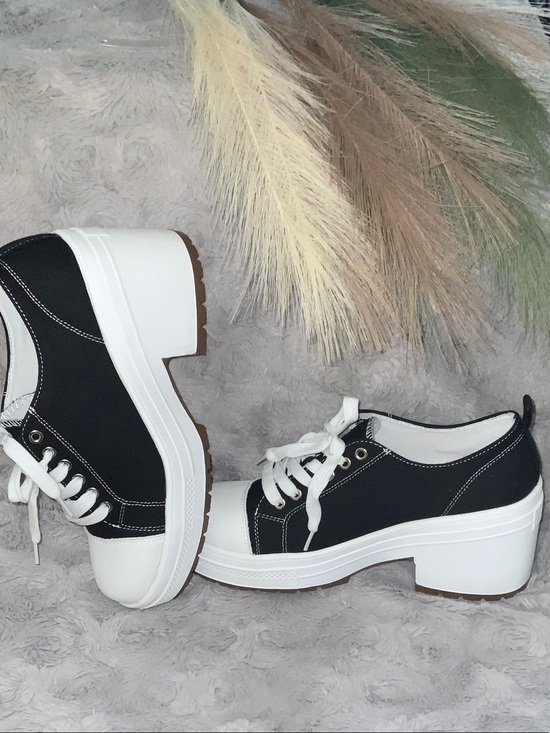 Shoes - Women’s Black and White Platform Lace-Up Sneakers